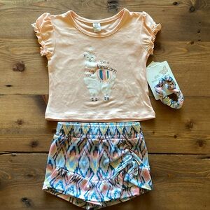 Sweet Butterfly NWT girls 2T three piece set skirt shorts top & scrunchie peach